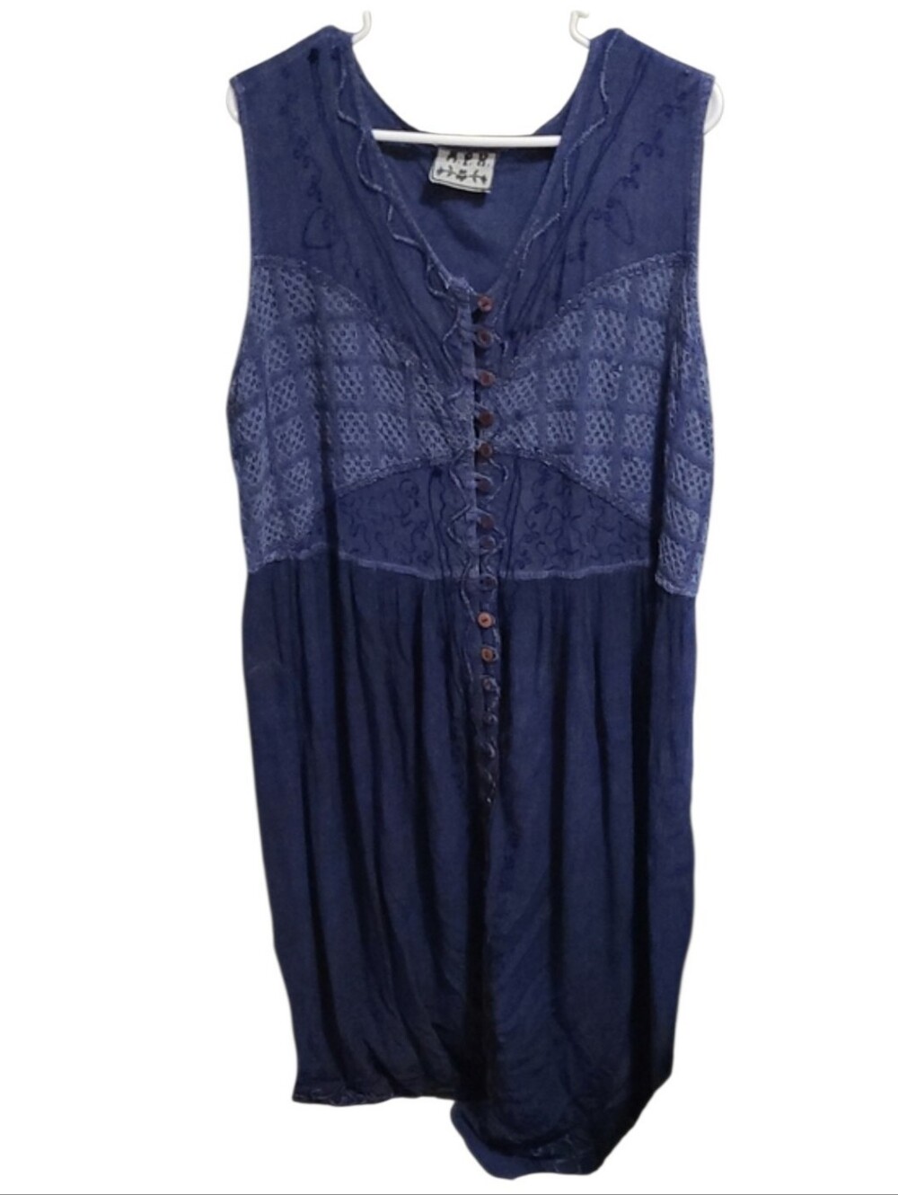 Boho Crochet Panel Button-Front Maxi Dress - Navy